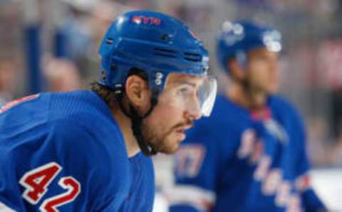 NEW YORK, NY – OCTOBER 24: Brendan Smith #42 of the New York Rangers looks on during a face-off against the Buffalo Sabres at Madison Square Garden on October 24, 2019 in New York City. (Photo by Jared Silber/NHLI via Getty Images)