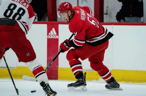 RALEIGH, NC – JUNE 30: Carolina Hurricanes Luke Henman (52) skates with the puck during the Canes Prospect Game at the PNC Arena in Raleigh, NC on June 30, 2018. (Photo by Greg Thompson/Icon Sportswire via Getty Images)