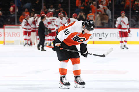 Morgan Frost on the ice in the Philadelphia Flyers’ recent loss to the Carolina Hurricanes. (Photo by Tim Nwachukwu/Getty Images)