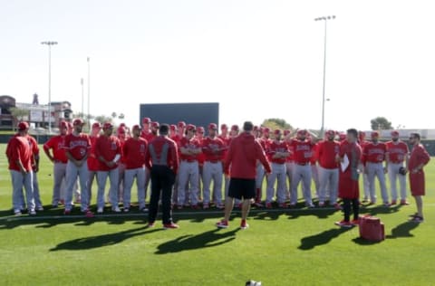 Feb 15, 2017; Tempe, AZ, USA; Los Angeles Angels pitchers and catchers report to spring training camp at Tempe Diablo Stadium. Mandatory Credit: Rick Scuteri-USA TODAY Sports