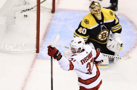 Andrei Svechnikov #37 of the Carolina Hurricanes celebrates  (Photo by Elsa/Getty Images)