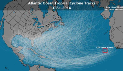 This image shows the tracks of all tropical cyclones recorded in the Atlantic Ocean between 1851 and 2014.