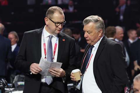 MONTREAL, QUEBEC – JULY 08: (L-R) Brad Treliving of the Calgary Flames and Don Waddell of the Carolina Hurricanes attend the 2022 NHL Draft at the Bell Centre on July 08, 2022 in Montreal, Quebec. (Photo by Bruce Bennett/Getty Images)