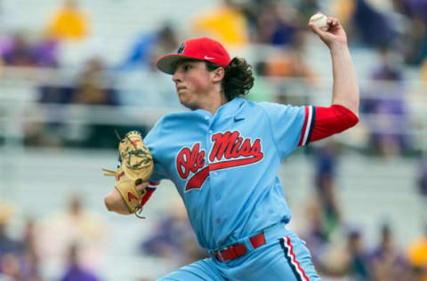 BATON ROUGE, LA – APRIL 15: Ole Miss Black Bears pitcher Ryan Rolison (22) throws a pitch during a game between the LSU Tigers and Ole Miss Black Bears on April 15, 2017, at Alex Box Stadium in Baton Rouge, Louisiana. (Photo by John Korduner/Icon Sportswire via Getty Images)