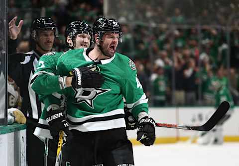 DALLAS, TEXAS – NOVEMBER 25: Alexander Radulov #47 of the Dallas Stars celebrates his goal with John Klingberg #3 against the Vegas Golden Knights in the third period at American Airlines Center on November 25, 2019 in Dallas, Texas. (Photo by Ronald Martinez/Getty Images)