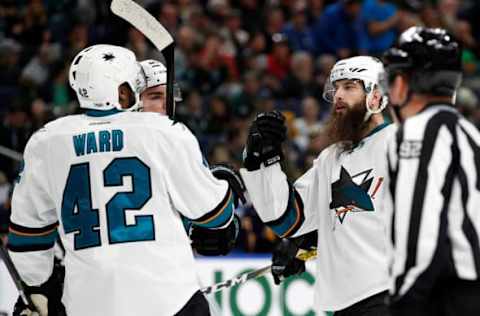 NHL Power Rankings: San Jose Sharks right wing Joel Ward (42) celebrates his goal against the Buffalo Sabres with teammates during the first period at KeyBank Center. Mandatory Credit: Kevin Hoffman-USA TODAY Sports