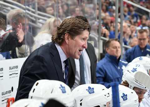 GLENDALE, AZ – FEBRUARY 16: Head coach Mike Babcock of the Toronto Maple Leafs watches from the bench against the Arizona Coyotes at Gila River Arena on February 16, 2019 in Glendale, Arizona. (Photo by Norm Hall/NHLI via Getty Images)