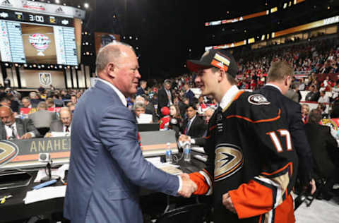 CHICAGO, IL – JUNE 24: Antoine Morand greets the team after being selected 60th overall by the Anaheim Ducks during the 2017 NHL Draft. (Photo by Dave Sandford/NHLI via Getty Images)