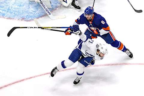 Noah Dobson #8 of the New York Islanders. (Photo by Bruce Bennett/Getty Images)