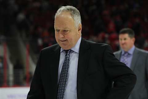 RALEIGH, NC – NOVEMBER 30: Anaheim Ducks Head coach Randy Carlyle during the 3rd period of the Carolina Hurricanes game versus the Anaheim Ducks on November 30th, 2018 at PNC Arena in Raleigh, NC. (Photo by Jaylynn Nash/Icon Sportswire via Getty Images)