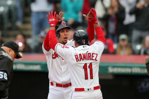 CLEVELAND, OH – MAY 11: Cleveland Indians left fielder Michael Brantley (23) congratulates Cleveland Indians third baseman Jose Ramirez (11) after Ramirez hit a 2-run home run during the first inning of the Major League Baseball game between the Kansas City Royals and Cleveland Indians on May 11, 2018, at Progressive Field in Cleveland, OH. (Photo by Frank Jansky/Icon Sportswire via Getty Images)