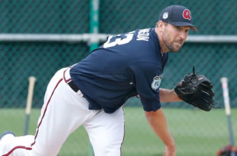 Feb 15, 2017; Lake Buena Vista, FL, USA; Atlanta Braves relief pitcher Jim Johnson (53) throws the ball during MLB spring training workouts at Champion Stadium. Mandatory Credit: Reinhold Matay-USA TODAY Sports. MLB.