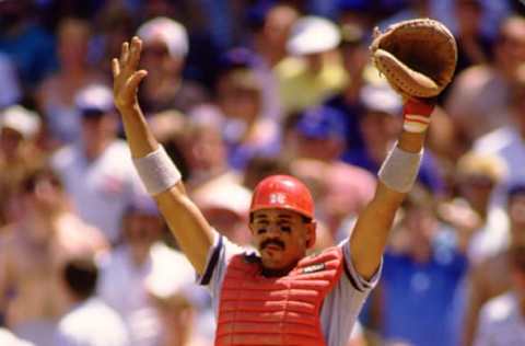 CHICAGO – 1988: Tony Pena of the St. Louis Cardinals catches during an MLB game versus the Chicago Cubs at Wrigley Field in Chicago, Illinois during the 1988 season. (Photo by Ron Vesely/MLB Photos via Getty Images)