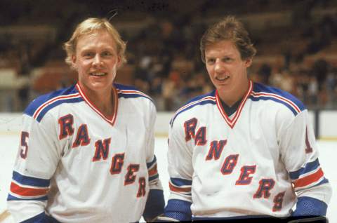 Swedish hockey players and teammates Anders Hedberg (left) and Ulf Nilsson of the New York Rangers pose together on the ice, late 1970s or early 1980s. (Photo by Bruce Bennett Studios/Getty Images)