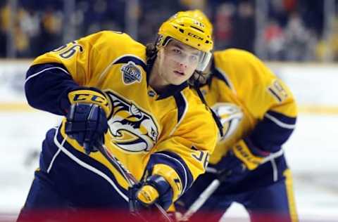 Jan 16, 2016; Nashville, TN, USA; Nashville Predators left winger Kevin Fiala (56) warms up prior to the game against the Minnesota Wild at Bridgestone Arena. Mandatory Credit: Christopher Hanewinckel-USA TODAY Sports