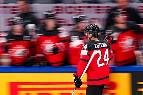 TAMPERE, FINLAND – MAY 28: Dylan Cozens of Canada celebrates his goal during the 2022 IIHF Ice Hockey World Championship match between Canada and Czech Republic at Nokia Arena on May 28, 2022 in Tampere, Finland. (Photo by Jari Pestelacci/Eurasia Sport Images/Getty Images)