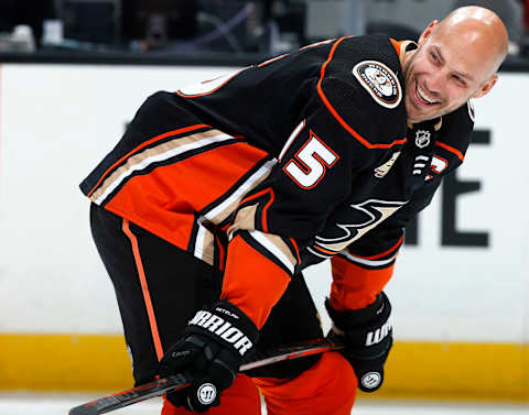 ANAHEIM, CA – APRIL 5: Ryan Getzlaf #15 of the Anaheim Ducks smiles during warm-ups prior to the game against the Los Angeles Kings on April 5, 2019, at Honda Center in Anaheim, California. (Photo by Debora Robinson/NHLI via Getty Images)