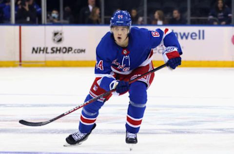 NEW YORK, NEW YORK – SEPTEMBER 26: Nils Lundkvist #64 of the New York Rangers skates against the New York Islanders in a preseason game at Madison Square Garden on September 26, 2021, in New York City. The Islanders shut out the Rangers 4-0. (Photo by Bruce Bennett/Getty Images)