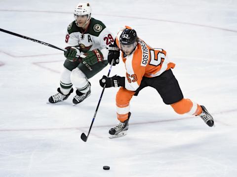 Feb 25, 2016; Philadelphia, PA, USA; Philadelphia Flyers defenseman Shayne Gostisbehere (53) moves the puck against Minnesota Wild right wing Jason Pominville (29) during the third period at Wells Fargo Center. The Flyers defeated the Wild 3-2. Mandatory Credit: Eric Hartline-USA TODAY Sports