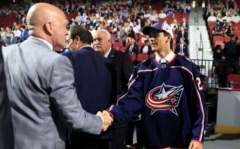 MONTREAL, QUEBEC – JULY 08: Luca Del Bel Belluz is selected by the Columbus Blue Jackets during Round Two of the 2022 Upper Deck NHL Draft at Bell Centre on July 08, 2022 in Montreal, Quebec, Canada. (Photo by Bruce Bennett/Getty Images)