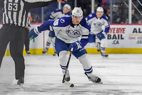 Cal Foote #25 of the Syracuse Crunch. (Photo by Stephane Dube/Getty Images)