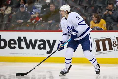 Feb 1, 2022; Newark, New Jersey, USA; Toronto Maple Leafs defenseman Justin Holl (3) Mandatory Credit: Tom Horak-USA TODAY Sports