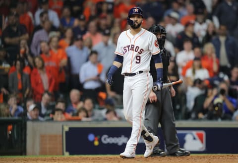 HOUSTON, TX – OCTOBER 18: Marwwin Gonzalez #9 of the Houston Astros reacts after striking out in the ninth inning against the Boston Red Sox during Game Five of the American League Championship Series at Minute Maid Park on October 18, 2018 in Houston, Texas. (Photo by Elsa/Getty Images)