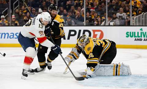 Boston Bruins, Linus Ullmark #35, Florida Panthers, Same Reinhart #13. (Photo by Richard T Gagnon/Getty Images)