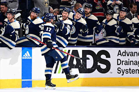 COLUMBUS, OHIO – OCTOBER 18: Justin Danforth #17 of the Columbus Blue Jackets celebrates his goal against the Vancouver Canucks during the second period at Nationwide Arena on October 18, 2022 in Columbus, Ohio. (Photo by Emilee Chinn/Getty Images)