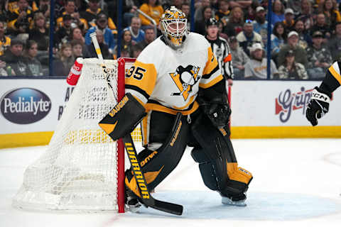 COLUMBUS, OHIO – APRIL 13: Tristan Jarry #35 of the Pittsburgh Penguins looks on during the second period against the Columbus Blue Jackets at Nationwide Arena on April 13, 2023 in Columbus, Ohio. (Photo by Jason Mowry/Getty Images)