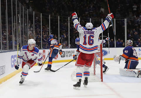 UNIONDALE, NEW YORK – JANUARY 16: Chris Kreider #20 of the New York Rangers scores the game winning goal on the power-play at 19:35 of the third period against the New York Islanders at NYCB Live’s Nassau Coliseum on January 16, 2020 in Uniondale, New York. The Rangers defeated the Islanders 3-2. (Photo by Bruce Bennett/Getty Images)