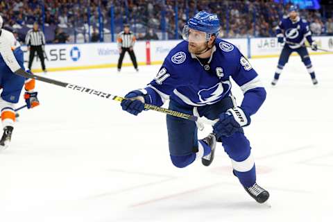 Jun 13, 2021; Tampa, Florida, USA; Tampa Bay Lightning center Steven Stamkos (91) skates against the New York Islanders during the third period in game one of the 2021 Stanley Cup Semifinals at Amalie Arena. Mandatory Credit: Kim Klement-USA TODAY Sports