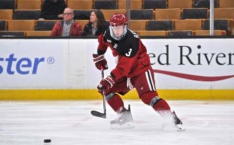 BOSTON, MA – FEBRUARY 4: Harvard Crimson defenseman Jack Rathbone (3) fires a rocket of a pass up ice. During the Harvard Crimson game against the Boston College Eagles on February 4, 2019 at TD Garden in Boston, MA.(Photo by Michael Tureski/Icon Sportswire via Getty Images)