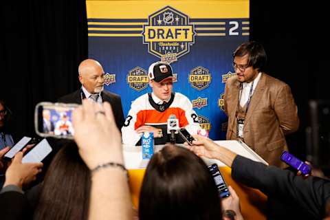 Matvei Michkov speaks to members of the media after being selected by the Flyers. (Photo by Jason Kempin/Getty Images)