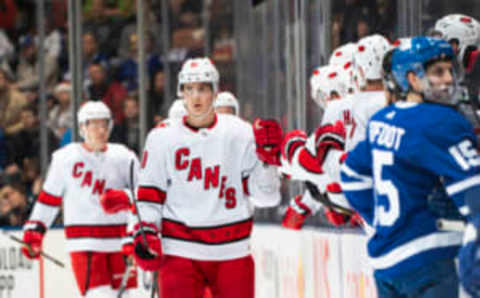 TORONTO, ON – DECEMBER 23: Martin Necas #88 of the Carolina Hurricanes celebrates his second goal against the Toronto Maple Leafs during the second period at the Scotiabank Arena on December 23, 2019 in Toronto, Ontario, Canada. (Photo by Kevin Sousa/NHLI via Getty Images)