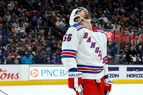 COLUMBUS, OHIO – OCTOBER 14: Erik Gustafsson #56 of the New York Rangers reacts after Spencer Martin #30 of the Columbus Blue Jackets stops a shot during the third period of the game at Nationwide Arena on October 14, 2023, in Columbus, Ohio. Columbus defeated New York 5-3. (Photo by Kirk Irwin/Getty Images)