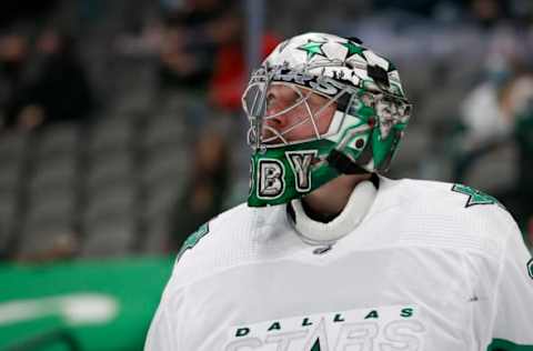 DALLAS, TEXAS – APRIL 19: Anton Khudobin #35 of the Dallas Stars reacts against the Detroit Red Wings in the third period at American Airlines Center on April 19, 2021 in Dallas, Texas. (Photo by Tom Pennington/Getty Images)