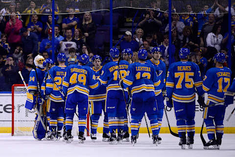 Apr 9, 2017; St. Louis, MO, USA; St. Louis Blues celebrate after they defeated the Colorado Avalanche 3-2 at Scottrade Center. Mandatory Credit: Jeff Curry-USA TODAY Sports