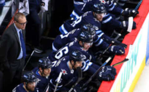 WINNIPEG, MB – JANUARY 5: Head Coach Paul Maurice of the Winnipeg Jets keeps an eye on the third period play against the Buffalo Sabres from the bench at the Bell MTS Place on January 5, 2018 in Winnipeg, Manitoba, Canada. (Photo by Jonathan Kozub/NHLI via Getty Images)