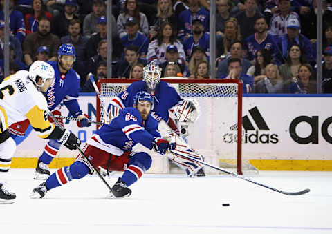 NEW YORK, NEW YORK – MAY 15: Tyler Motte #64 of the New York Rangers skates against the Pittsburgh Penguins in Game Seven of the First Round of the 2022 Stanley Cup Playoffs at Madison Square Garden on May 15, 2022 in New York City. (Photo by Bruce Bennett/Getty Images)