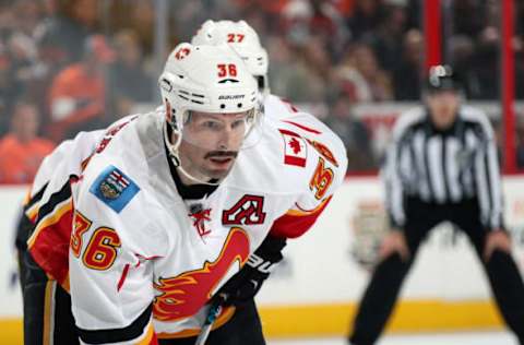 PHILADELPHIA, PA – NOVEMBER 27: Troy Brouwer #36 of the Calgary Flames. (Photo by Len Redkoles/NHLI via Getty Images)