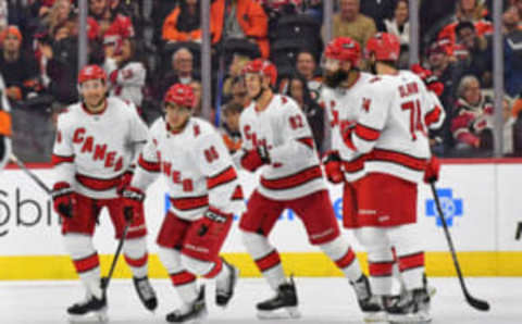 Oct 30, 2023; Philadelphia, Pennsylvania, USA; Carolina Hurricanes left wing Teuvo Teravainen (86) skates back to the bench after scoring a goal against the Philadelphia Flyers during the third period at Wells Fargo Center. Mandatory Credit: Eric Hartline-USA TODAY Sports