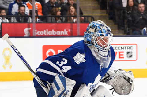 TORONTO, ON – FEBRUARY 20: James Reimer #34 of the Toronto Maple Leafs prepares for a shot against the Philadelphia Flyers during game action on February 20, 2016 at Air Canada Centre in Toronto, Ontario, Canada. (Photo by Graig Abel/NHLI via Getty Images)