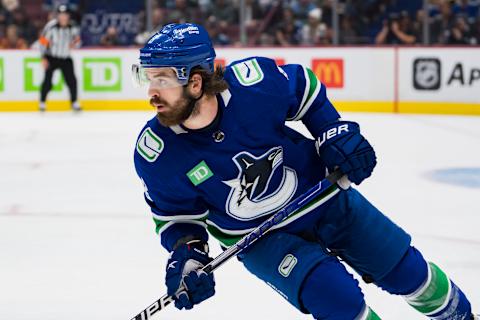 Oct 28, 2022; Vancouver, British Columbia, CAN; Vancouver Canucks forward Conor Garland (8) skates against the Pittsburgh Penguins in the first period at Rogers Arena. Mandatory Credit: Bob Frid-USA TODAY Sports