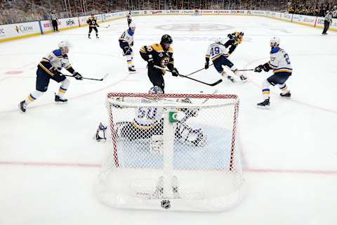 BOSTON, MASSACHUSETTS – JUNE 12: Jordan Binnington #50 of the St. Louis Blues stops a shot against the Boston Bruins during the first period in Game Seven of the 2019 NHL Stanley Cup Final at TD Garden on June 12, 2019 in Boston, Massachusetts. (Photo by Bruce Bennett/Getty Images)