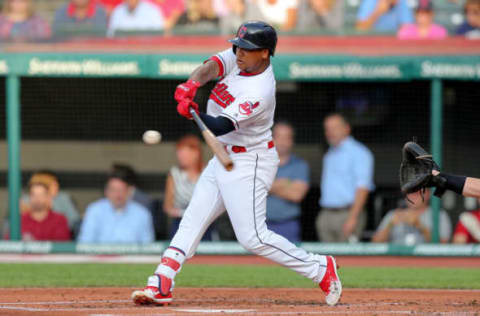 CLEVELAND, OH – JULY 10: Cleveland Indians third baseman Jose Ramirez (11) hits a home run during the first inning of the Major League Baseball Interleague game between the Cincinnati Reds and Cleveland Indians on July 10, 2018, at Progressive Field in Cleveland, OH. (Photo by Frank Jansky/Icon Sportswire via Getty Images)