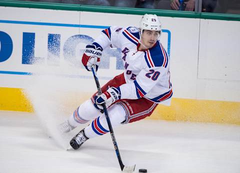 Dec 15, 2016; Dallas, TX, USA; New York Rangers left wing Chris Kreider (20) in action during the game against the Dallas Stars at the American Airlines Center. The Rangers shut out the Stars 2-0. Mandatory Credit: Jerome Miron-USA TODAY Sports