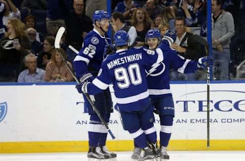 NHL Power Rankings: Tampa Bay Lightning center Matthew Peca (63) is congratulated by center Vladislav Namestnikov (90) and defenseman Andrej Sustr (62) after he scores his first career NHL goal against the Winnipeg Jets during the second period at Amalie Arena. Mandatory Credit: Kim Klement-USA TODAY Sports