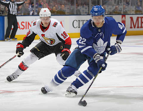 TORONTO, ON – OCTOBER 6: Ryan Dzingel #18 of the Ottawa Senators chases after Nikita Zaitsev #22 of the Toronto Maple Leafs .(Photo by Claus Andersen/Getty Images)