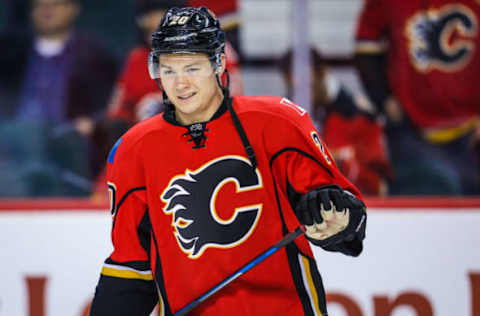 Mar 5, 2017; Calgary, Alberta, CAN; Calgary Flames right wing Curtis Lazar (20) skates during the warmup period against the New York Islanders at Scotiabank Saddledome. Mandatory Credit: Sergei Belski-USA TODAY Sports